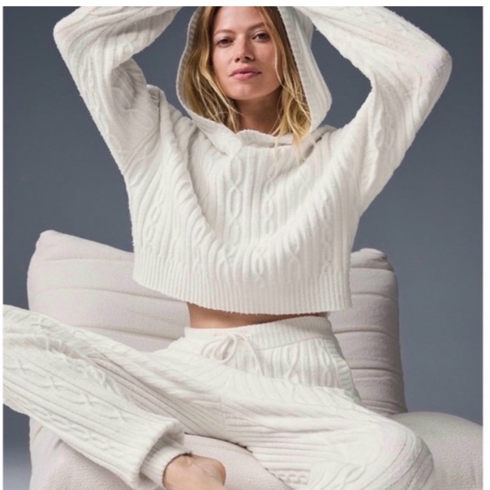 ALO Yoga Cream Cable Knit Hoodie Sweater and Pant Set